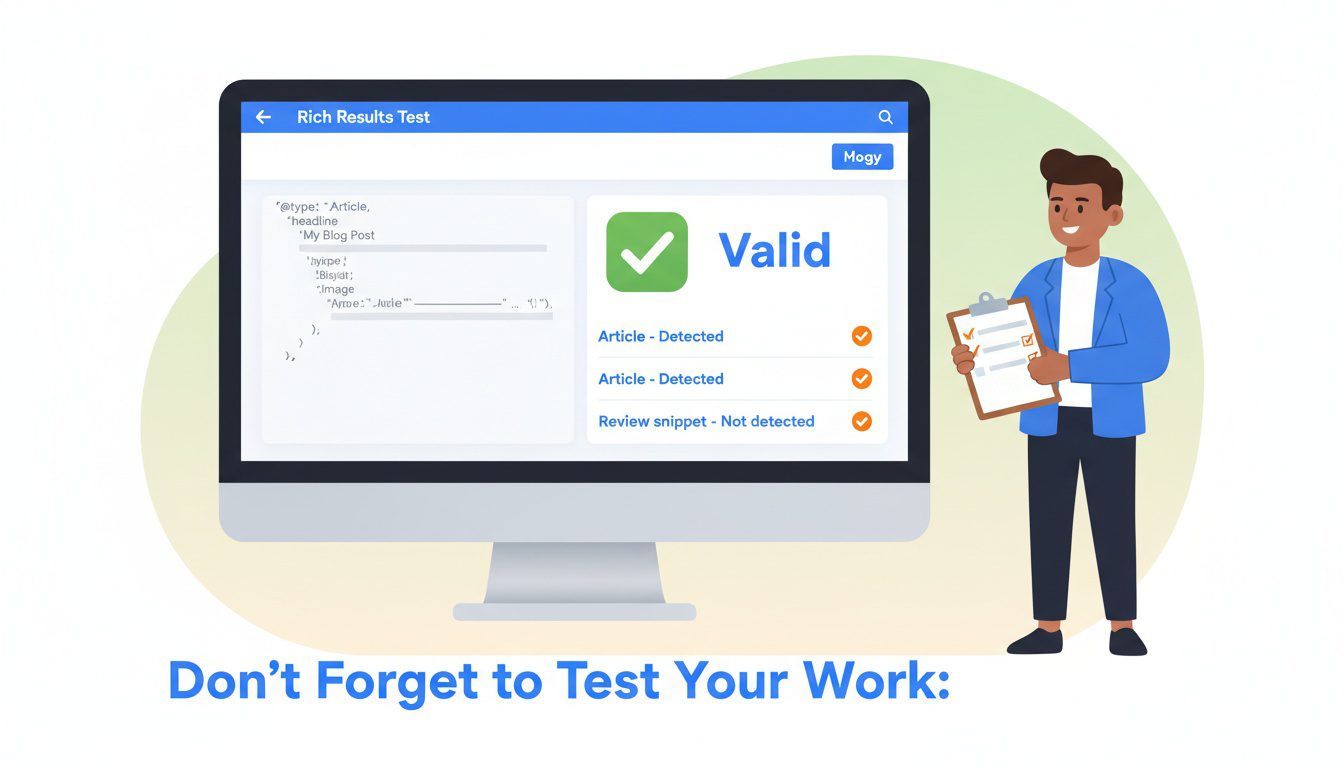 Testing schema markup with Google Rich Results Test tool showing validation success
