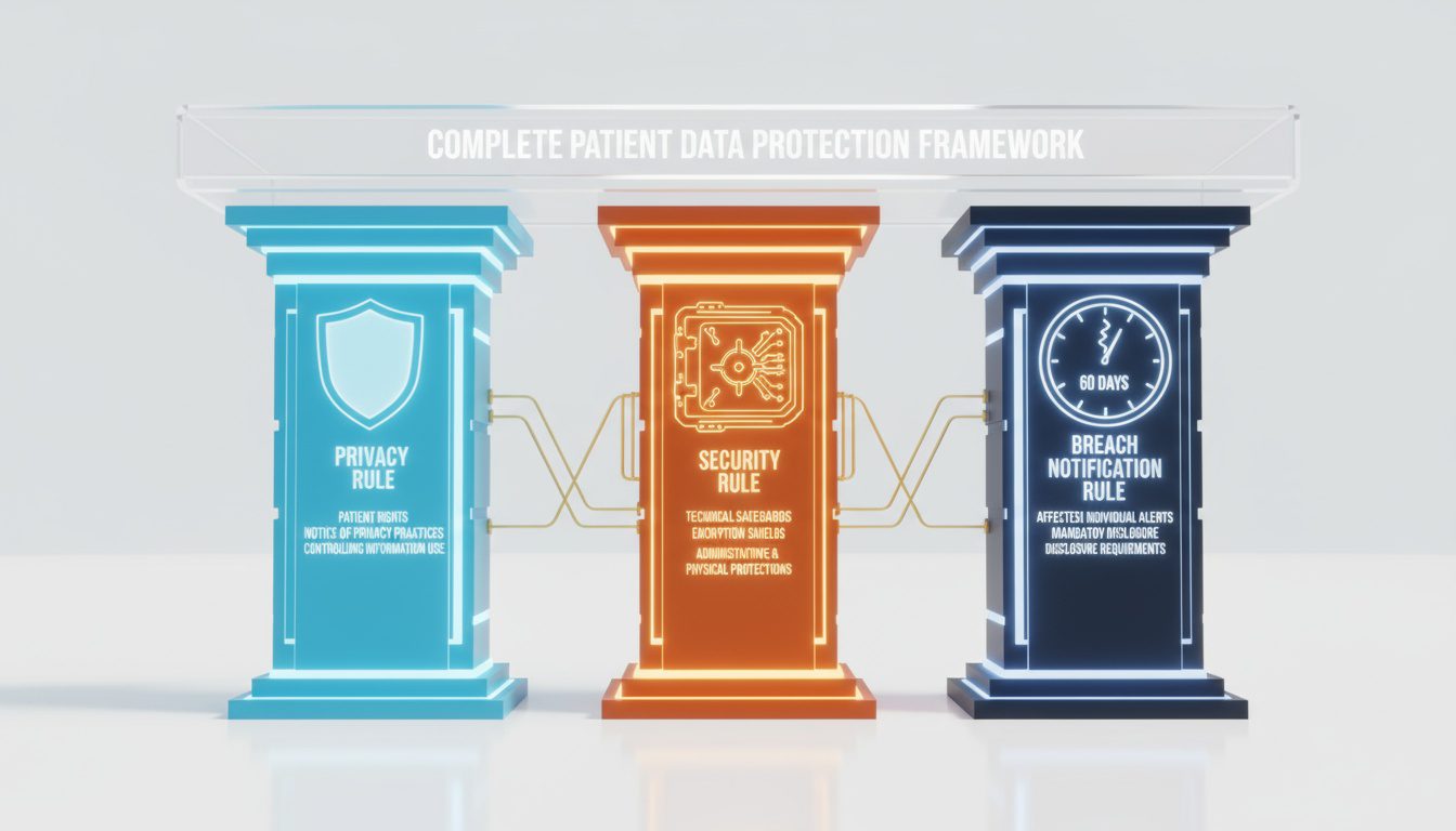 Three HIPAA rules showing Privacy_ Security_ and Breach Notification pillars protecting patient data