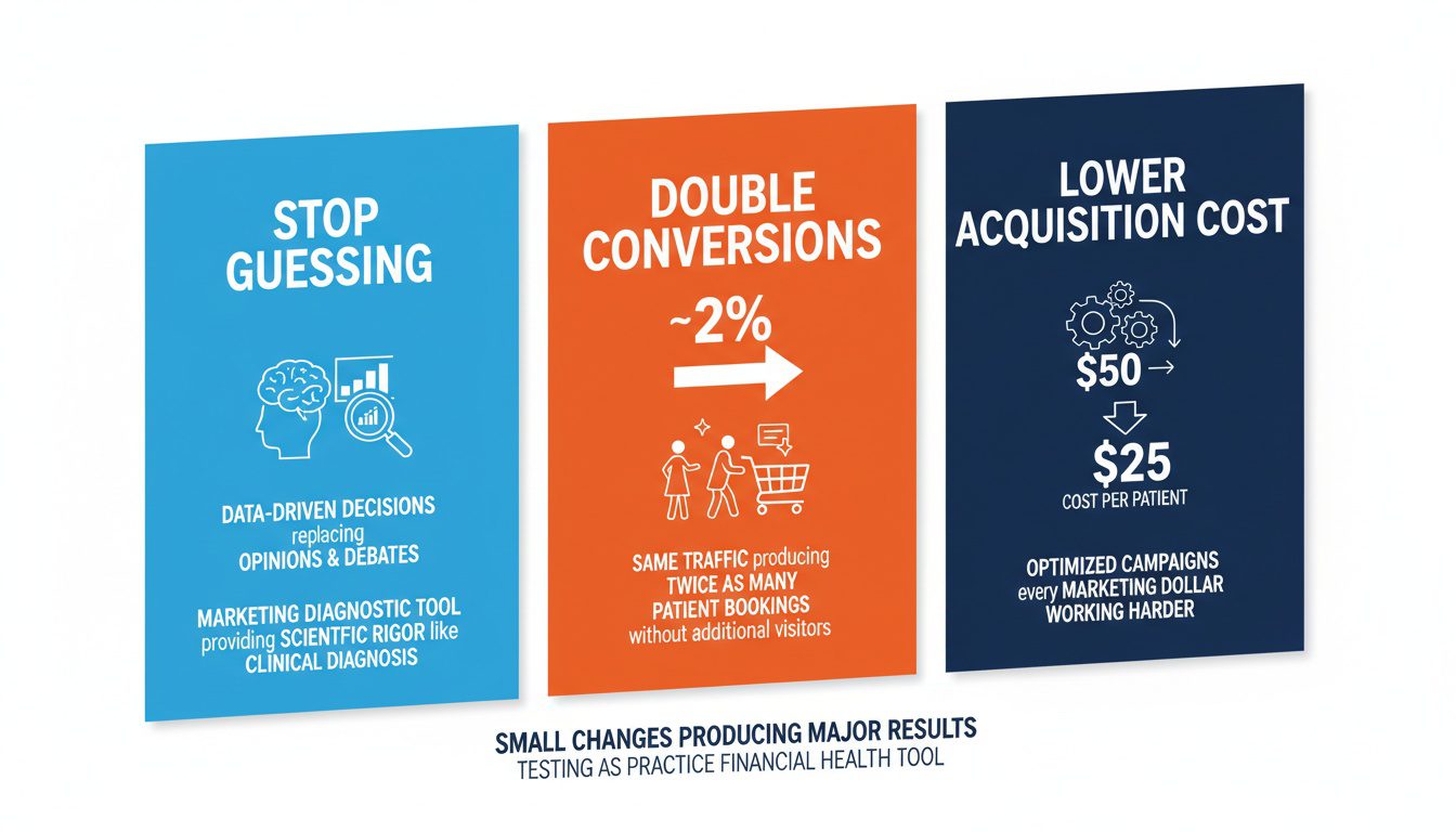 Three benefits of A_B testing showing data-driven decisions_ doubled conversions_ and lower patient acquisition costs