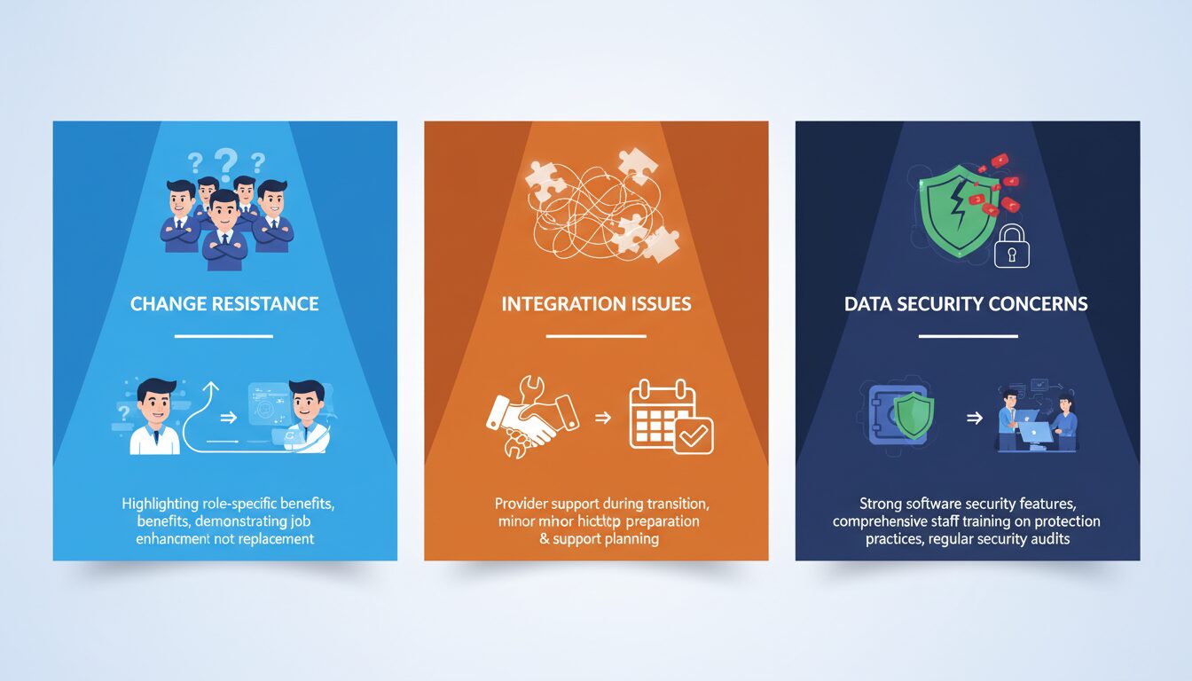 Three challenges - staff resistance_ integration issues_ security concerns with solution approaches
