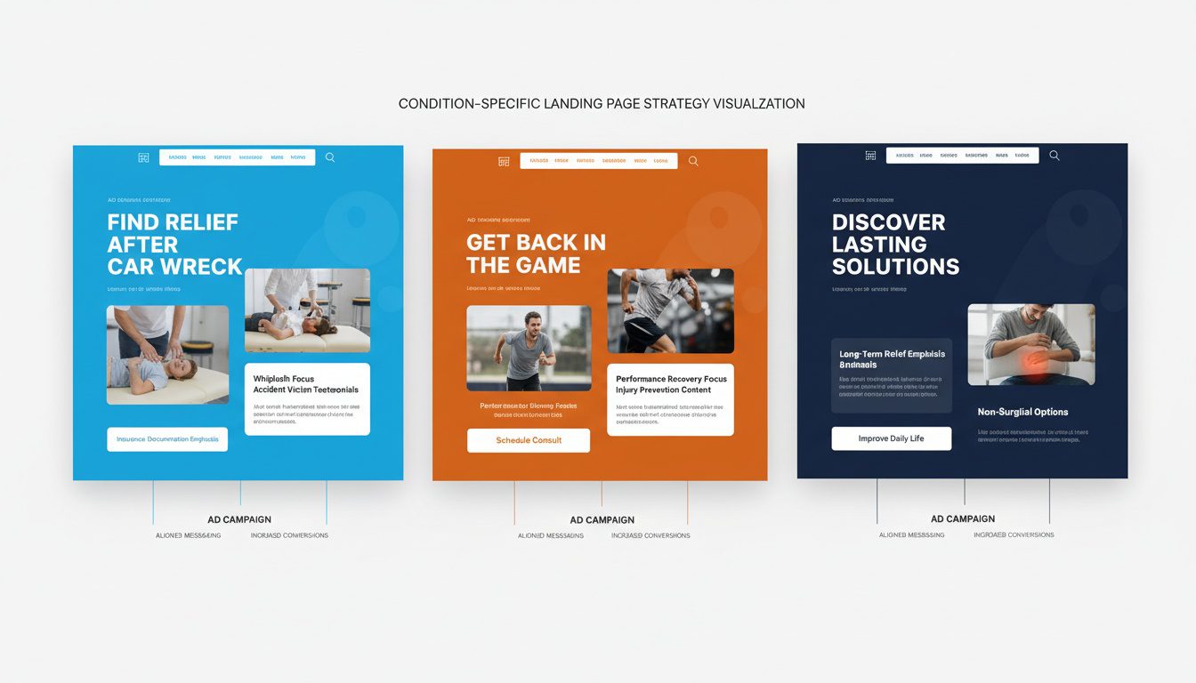 Three condition-specific landing pages targeting auto accidents_ sports injuries_ and chronic pain with aligned messaging