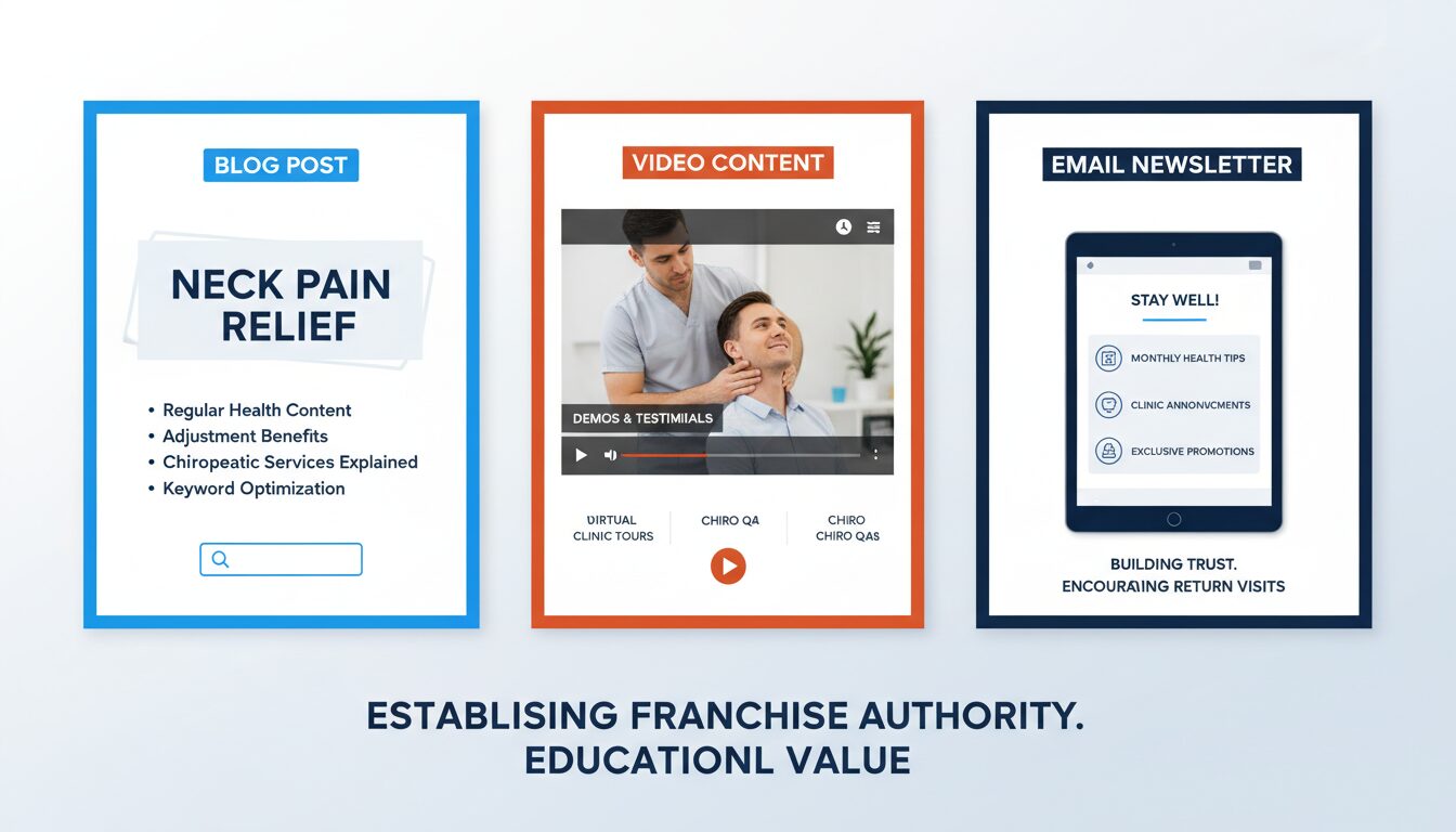 Three content formats using blogs, videos, and email newsletters educating audiences and building authority
