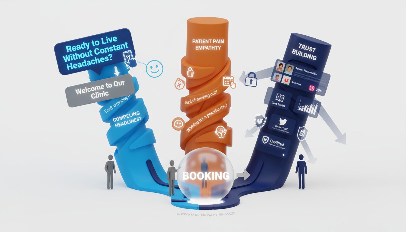 Three conversion elements showing compelling headlines_ pain empathy_ and trust-building social proof