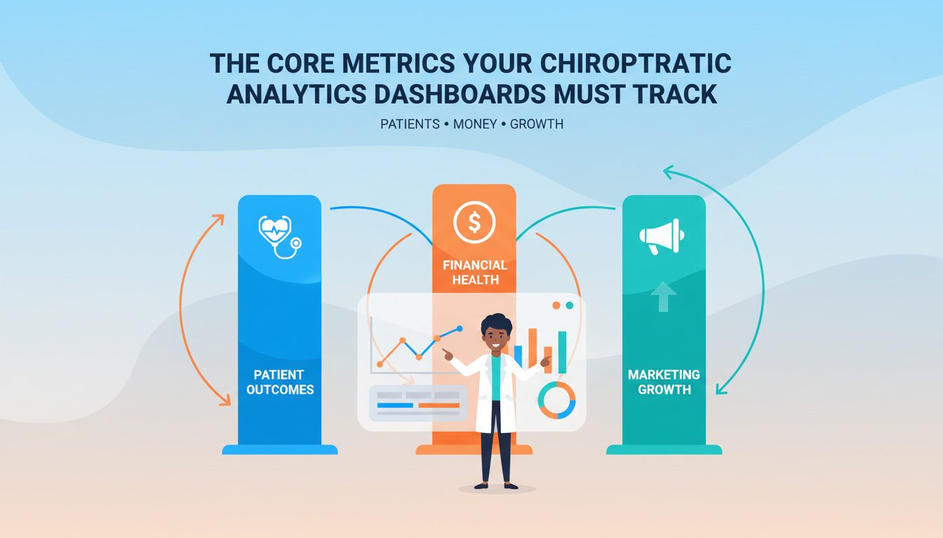 Three core categories of chiropractic practice KPIs including patient metrics financial health and marketing performance