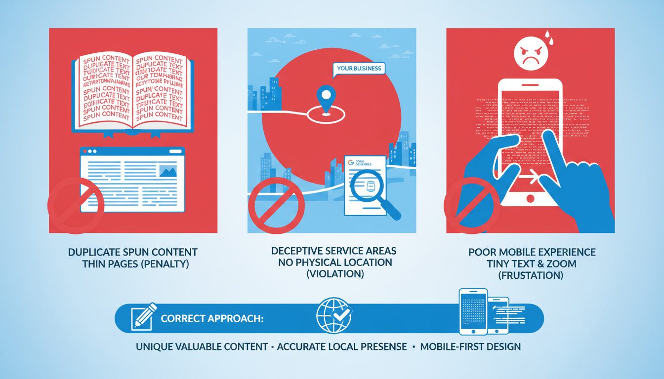 Three critical mistakes showing duplicate content false location claims and poor mobile experience causing Google penalties and lost patients