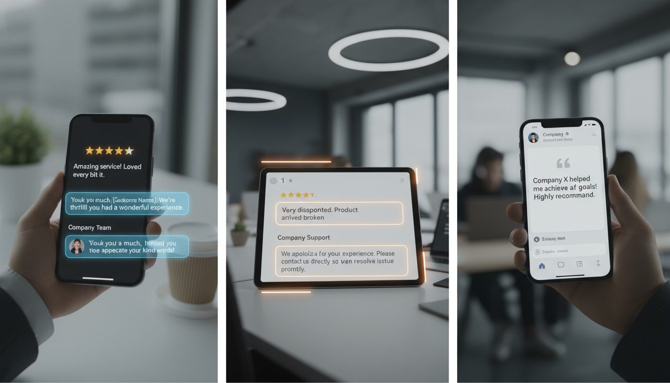 Three essential review engagement strategies showing positive responses, professional negative handling, and testimonial marketing