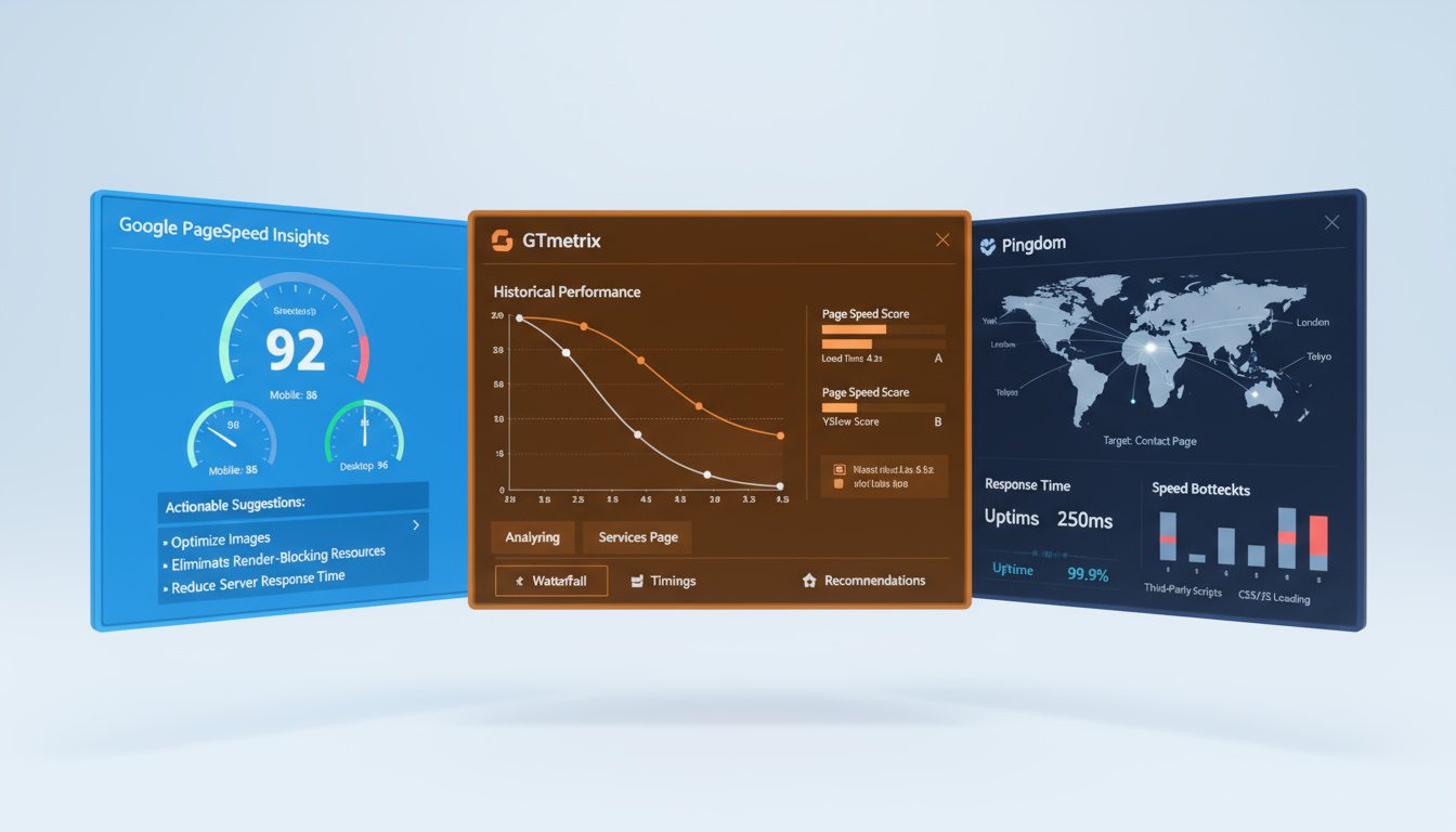 Three free speed testing tools diagnosing website performance across multiple pages