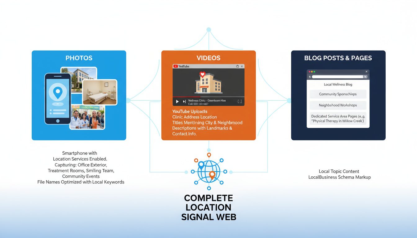 Three geo-tagged content types using photos_ videos_ and blog posts building location signals