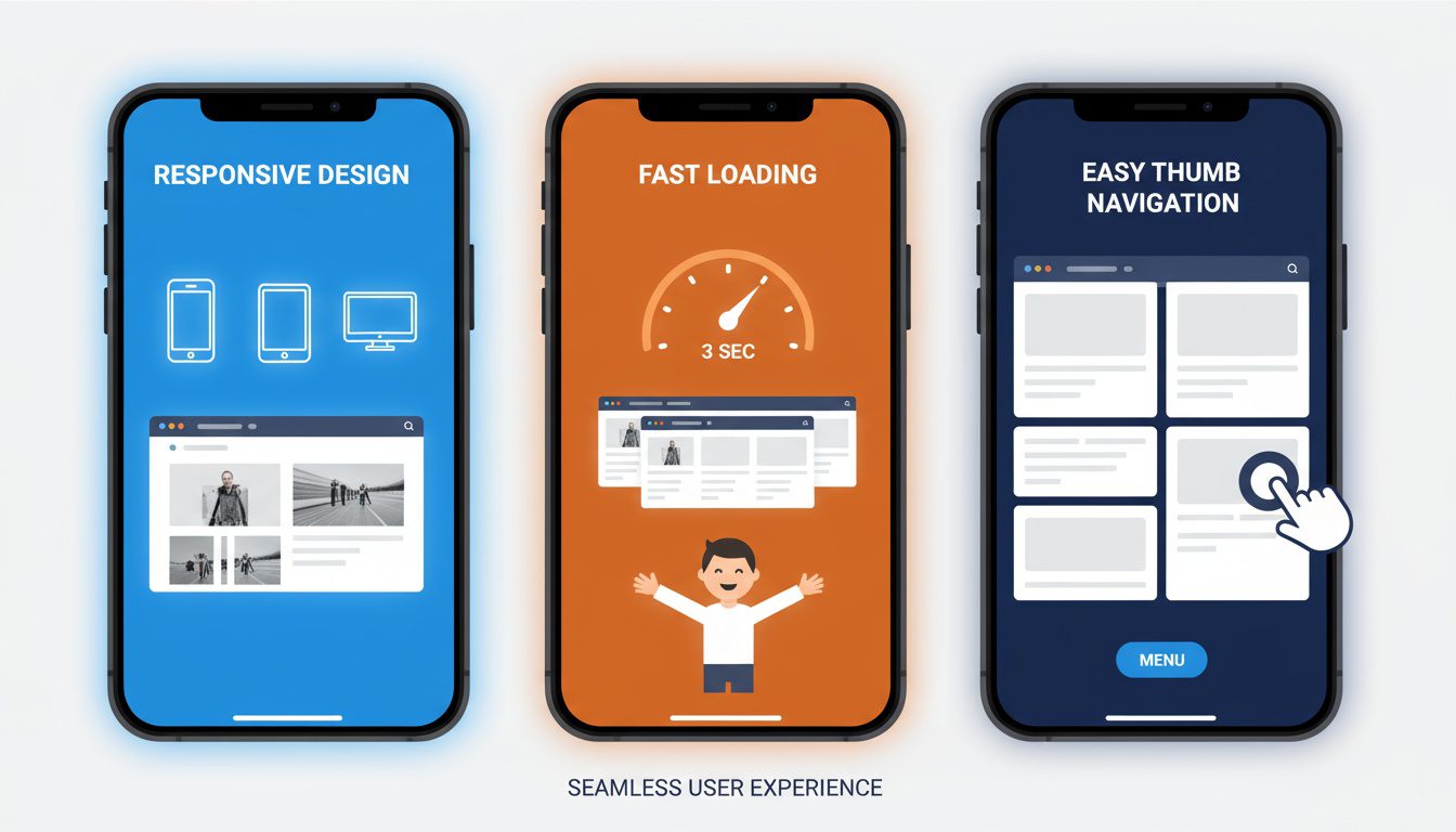 Three key mobile features showing responsive design_ fast loading_ and thumb-friendly navigation