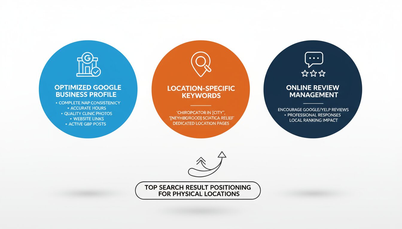 Three local SEO strategies using Google Business Profile optimization, location keywords, and review management