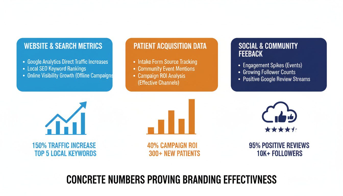 Three measurement categories tracking website metrics_ patient acquisition sources_ and social feedback success