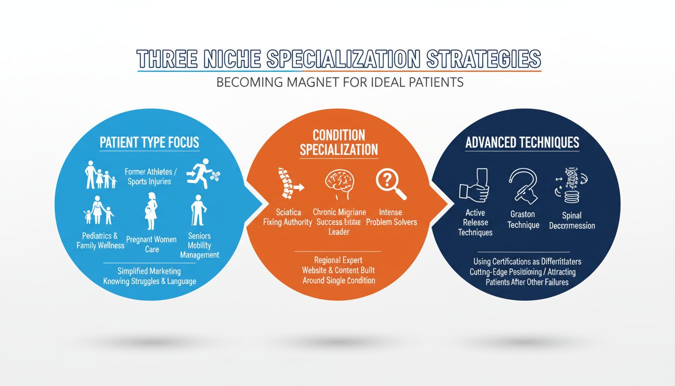 Three niche strategies focusing on patient types, specific conditions, or advanced techniques attracting ideal patients