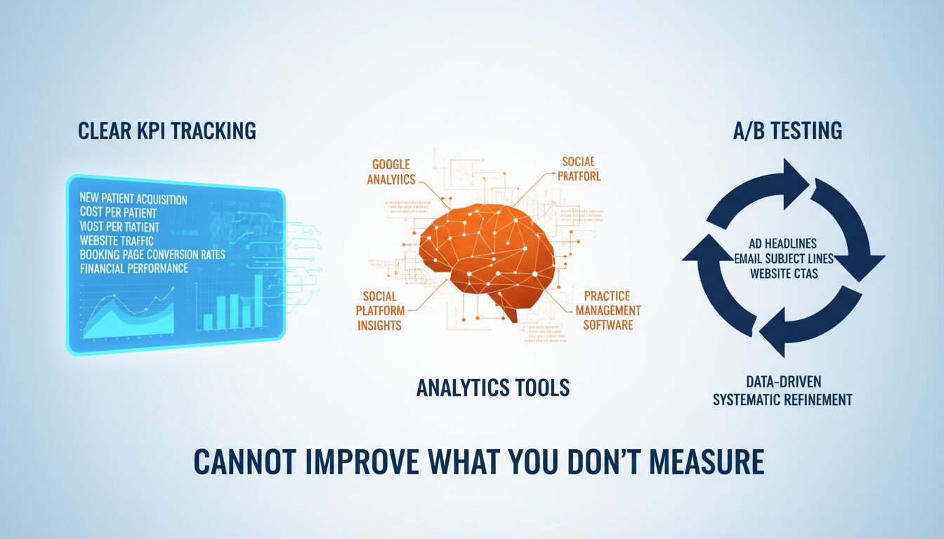 Three optimization strategies tracking KPIs, using analytics tools, and A:B testing for continuous improvement