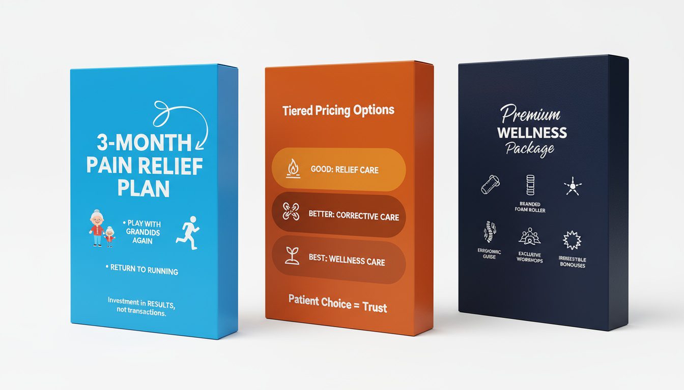 Three package strategies using outcome focus_ tiered pricing_ and value bonuses converting patients effectively