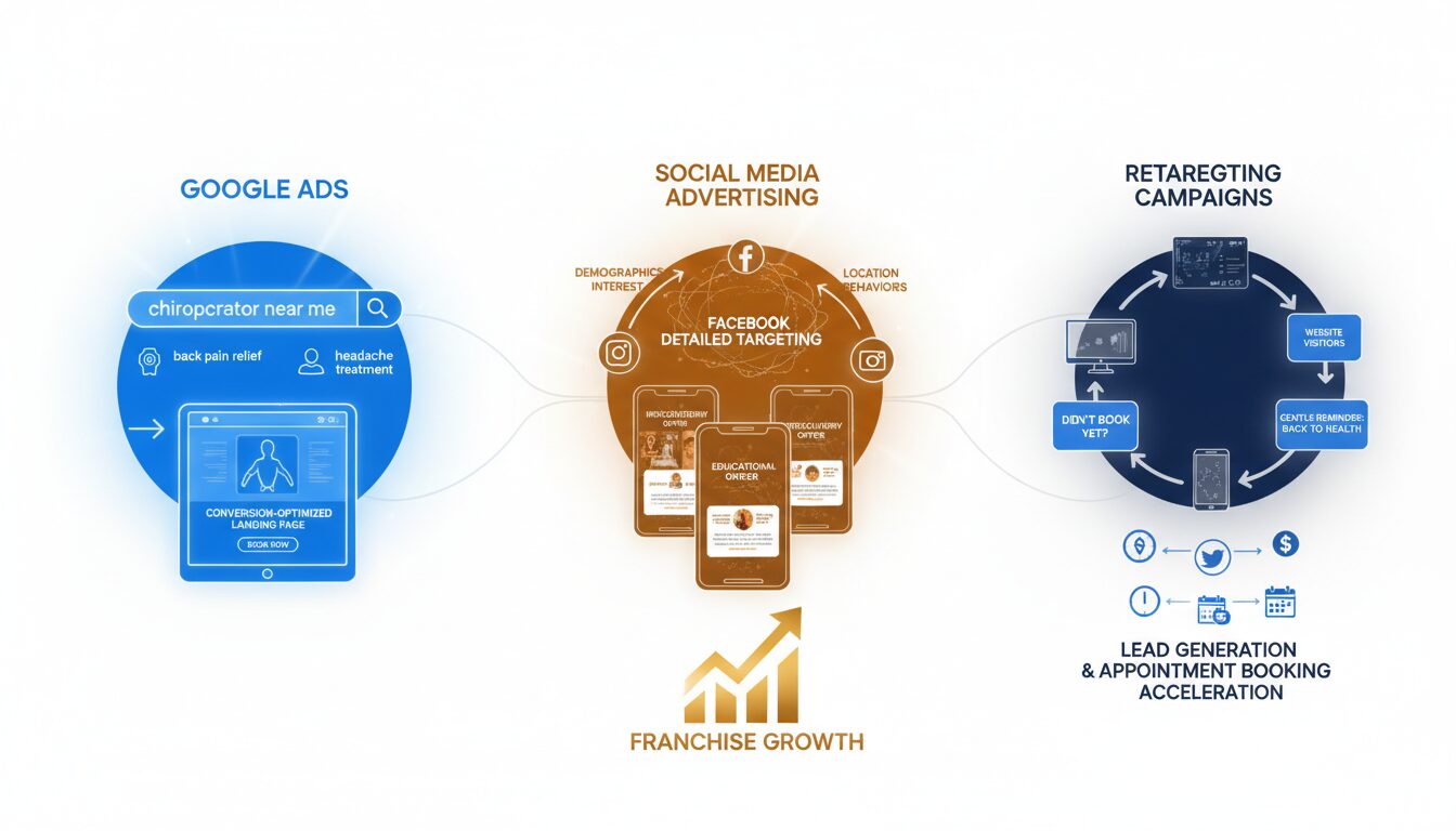 Three paid advertising strategies using Google Ads, social targeting, and retargeting to accelerate patient acquisition