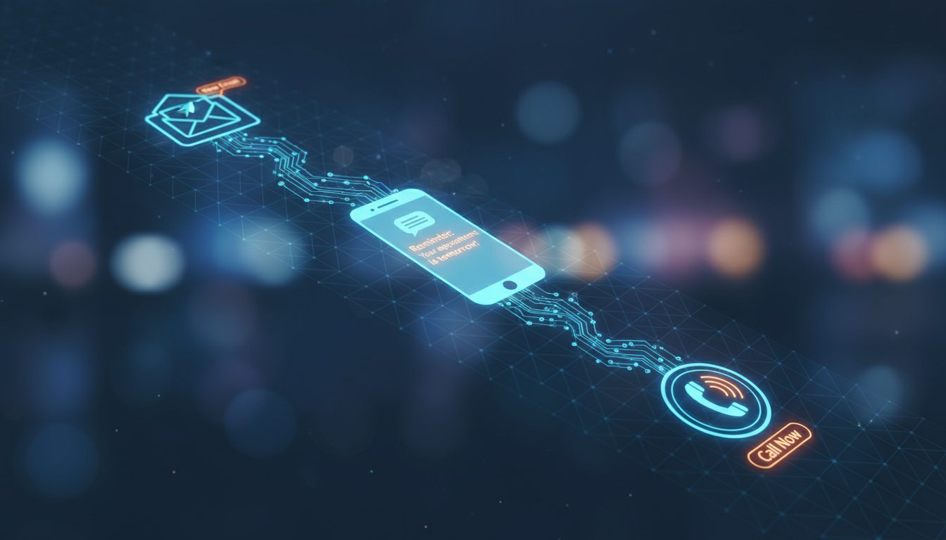 Three-part automated follow-up system showing email, text, and phone call review request methods