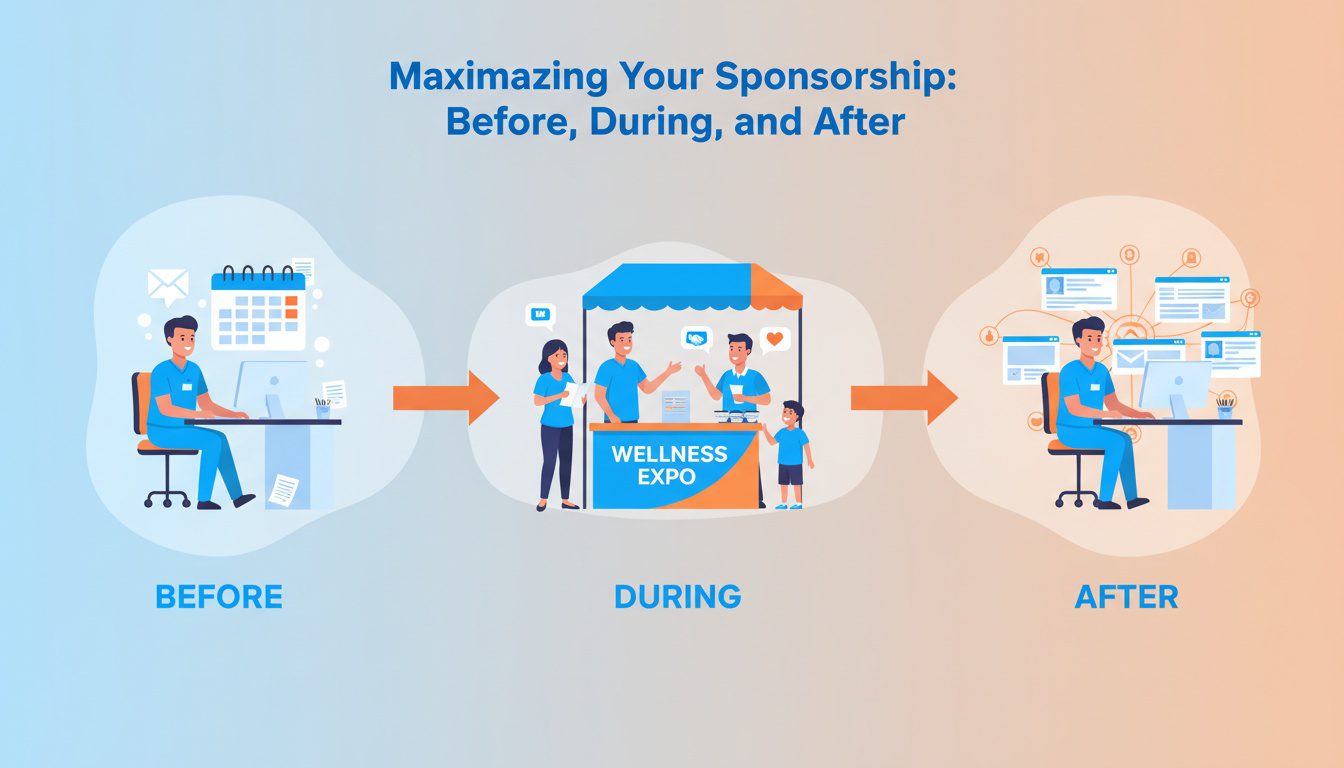 Three-phase chiropractic event sponsorship timeline showing before during and after activities