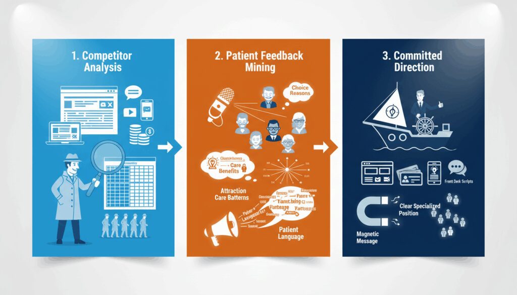 Three-step process analyzing competitors, mining patient feedback, and committing to clear specialized direction