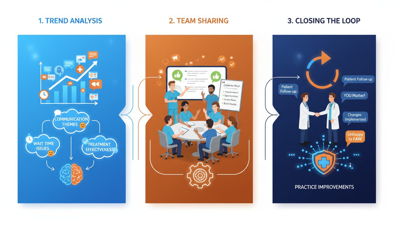 Three-step process analyzing trends_ sharing feedback with team_ and closing loop with patients