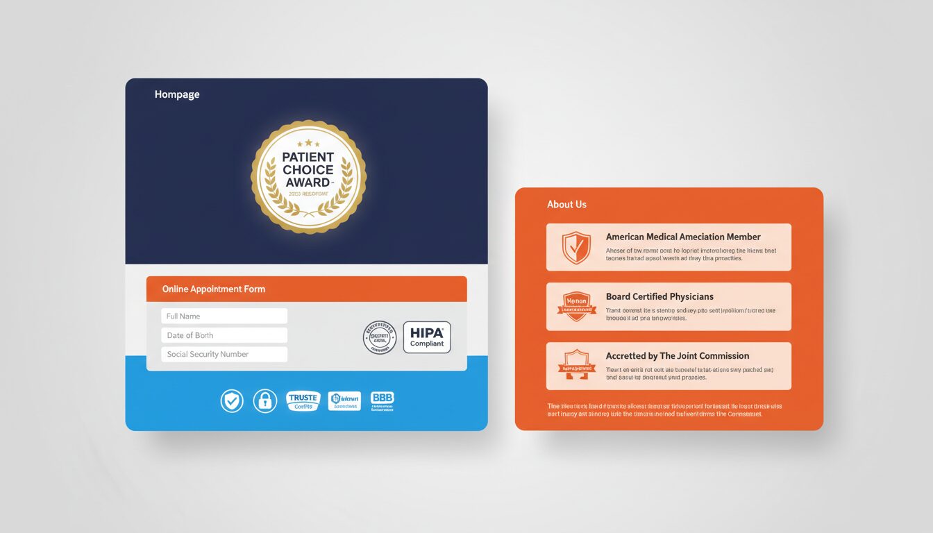 Trust badges strategically placed on website footer appointment forms homepage and about page matching patient anxiety points