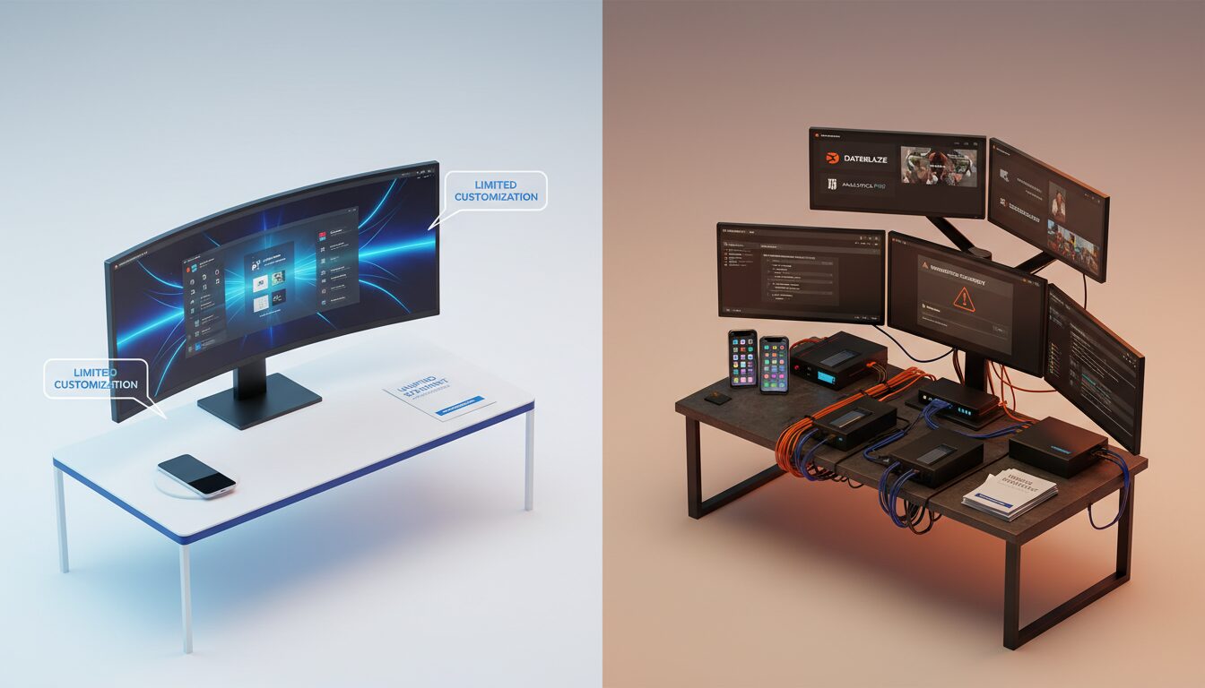 Two practice setups comparing all-in-one unified system against multiple specialized tools showing different approaches and tradeoffs