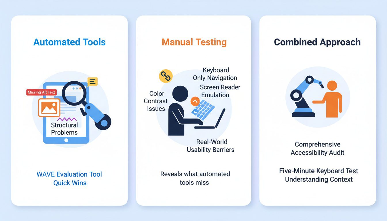 Two-step testing combining automated tools with manual keyboard and screen reader evaluation