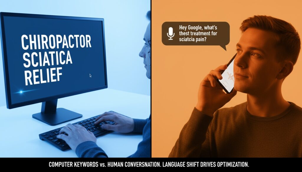 Typed keyword search versus natural conversational voice query showing language pattern differences