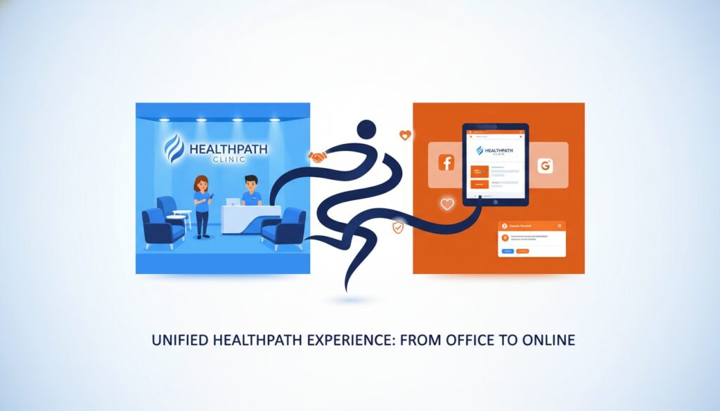 Unified brand experience showing consistent identity across physical office and digital presence