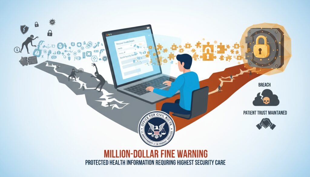 Unprotected patient data versus secure encrypted information showing vulnerability and protection contrast