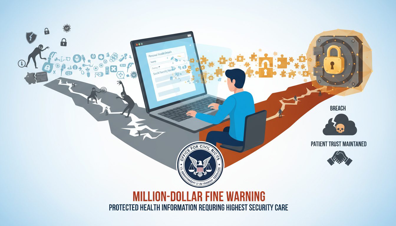 Unprotected patient data versus secure encrypted information showing vulnerability and protection contrast
