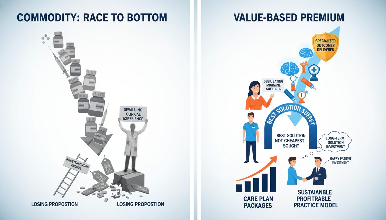 Value-based premium pricing versus commodity price competition showing specialist commanding higher fees