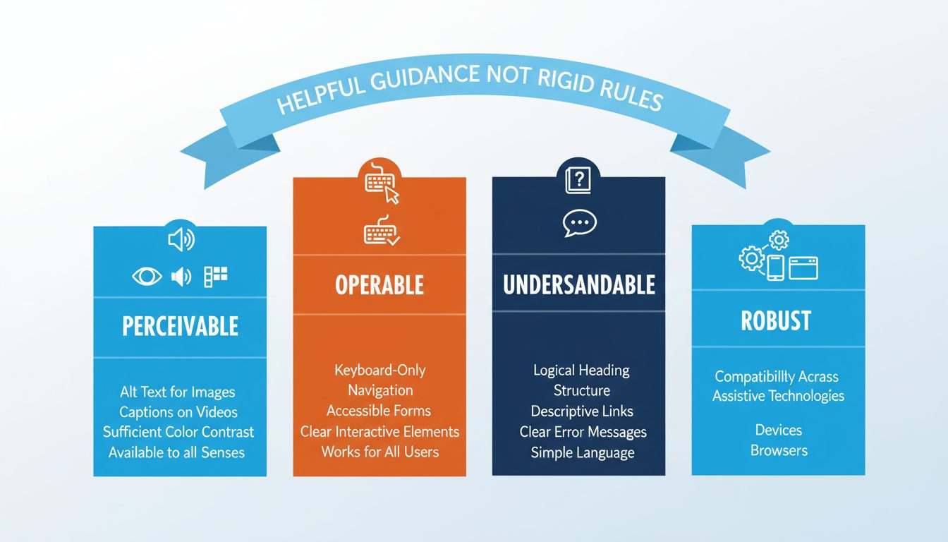WCAG four principles framework showing perceivable_ operable_ understandable_ and robust accessibility standards