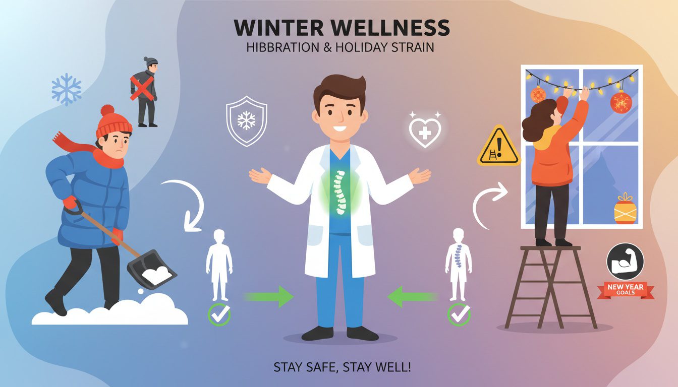 Winter chiropractic marketing for snow shoveling safety holiday stress and New Year wellness