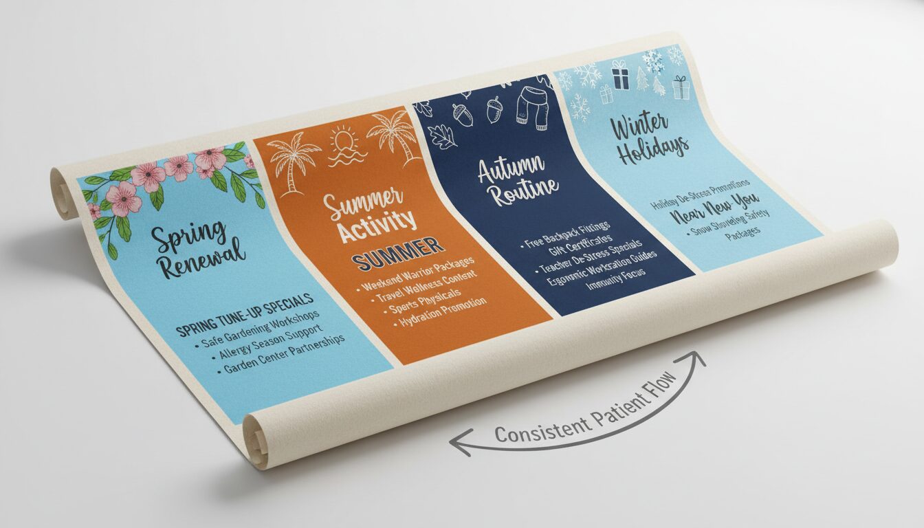Year-round seasonal campaign blueprint with specific themed offerings for each season maintaining consistent patient flow