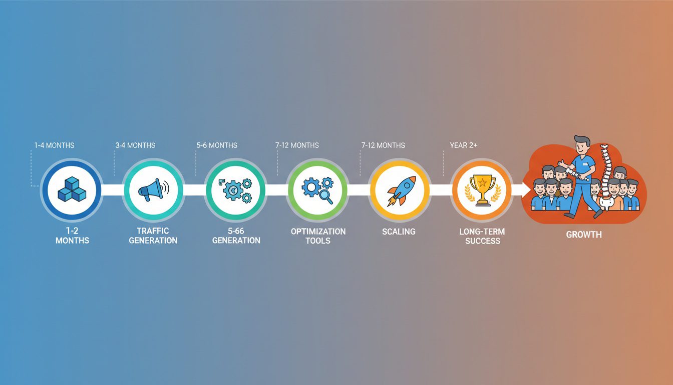 chiropractic funnel implementation timeline showing 12-month progression from foundation to scaling