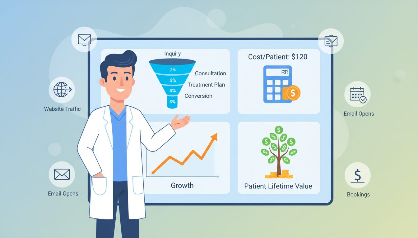 chiropractic funnel performance dashboard showing key metrics conversion rates and patient acquisition cost