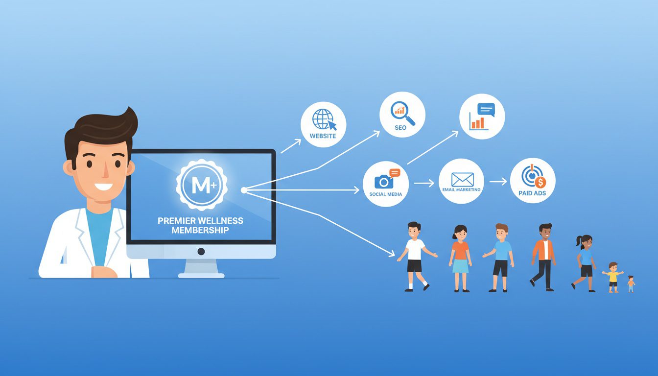 chiropractic membership marketing integration showing website SEO social media and digital channels driving member sign-ups