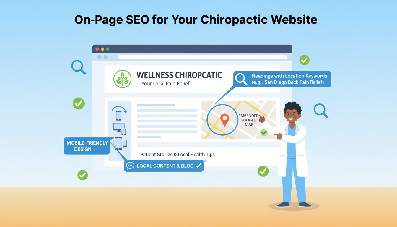chiropractic website showing on page SEO optimization with local keywords and Google map