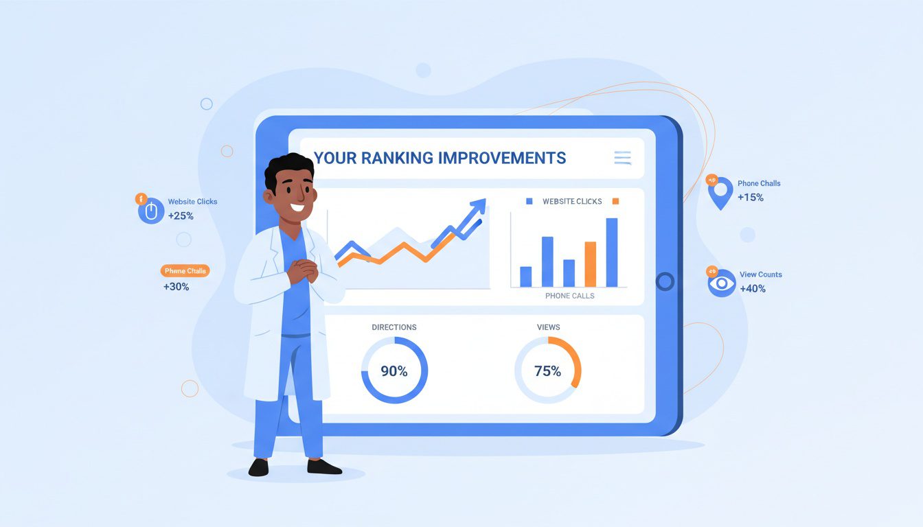 chiropractor analyzing Google Business Profile Insights dashboard with ranking metrics