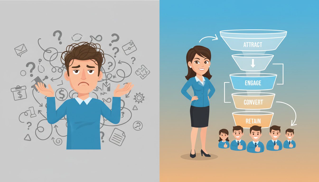 common chiropractic funnel mistakes versus systematic approach showing transformation to organized patient acquisition