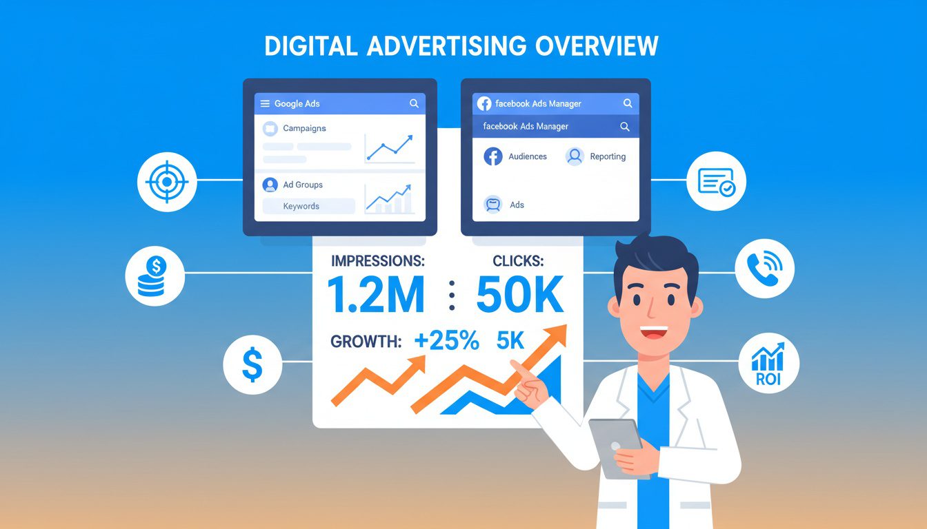 digital advertising dashboard showing Google Ads and Facebook Ads campaigns driving new patient acquisition for chiropractors