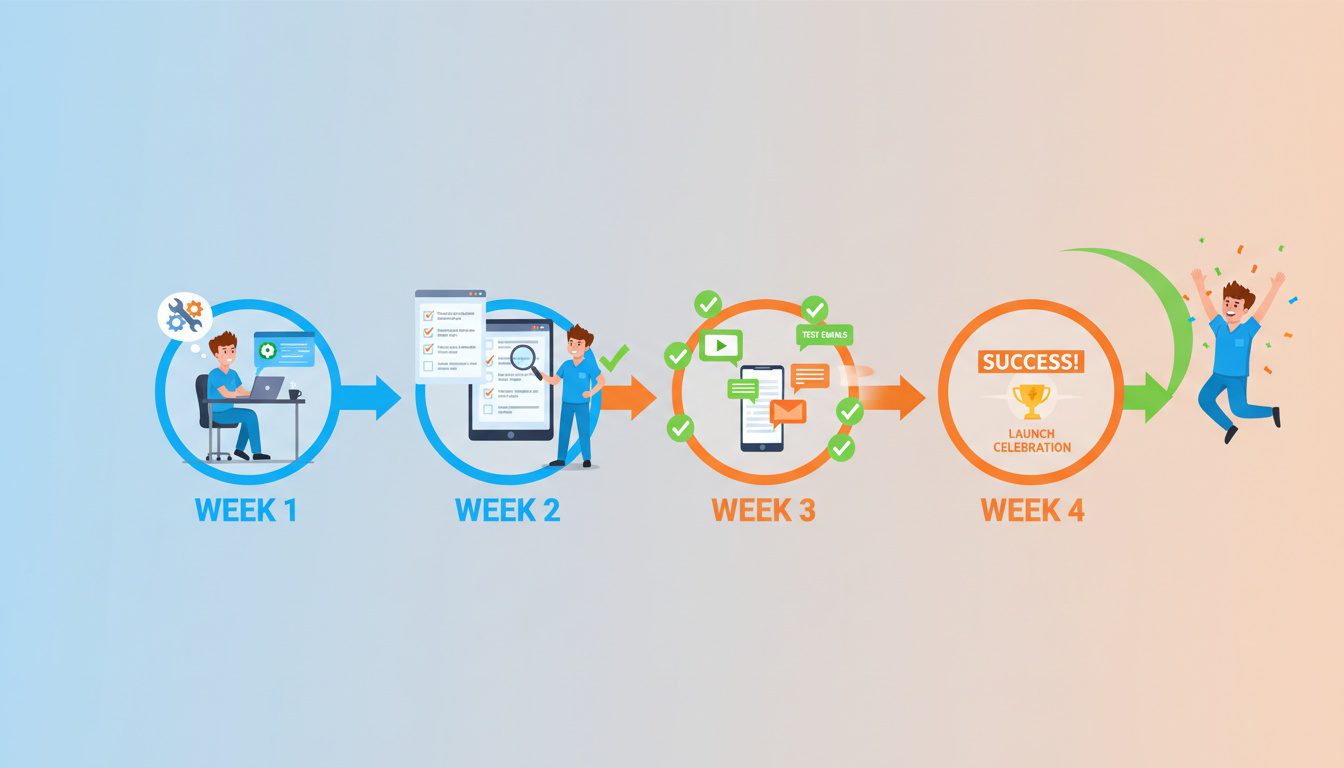 four-week email automation implementation timeline for chiropractic practice showing weekly progress stages