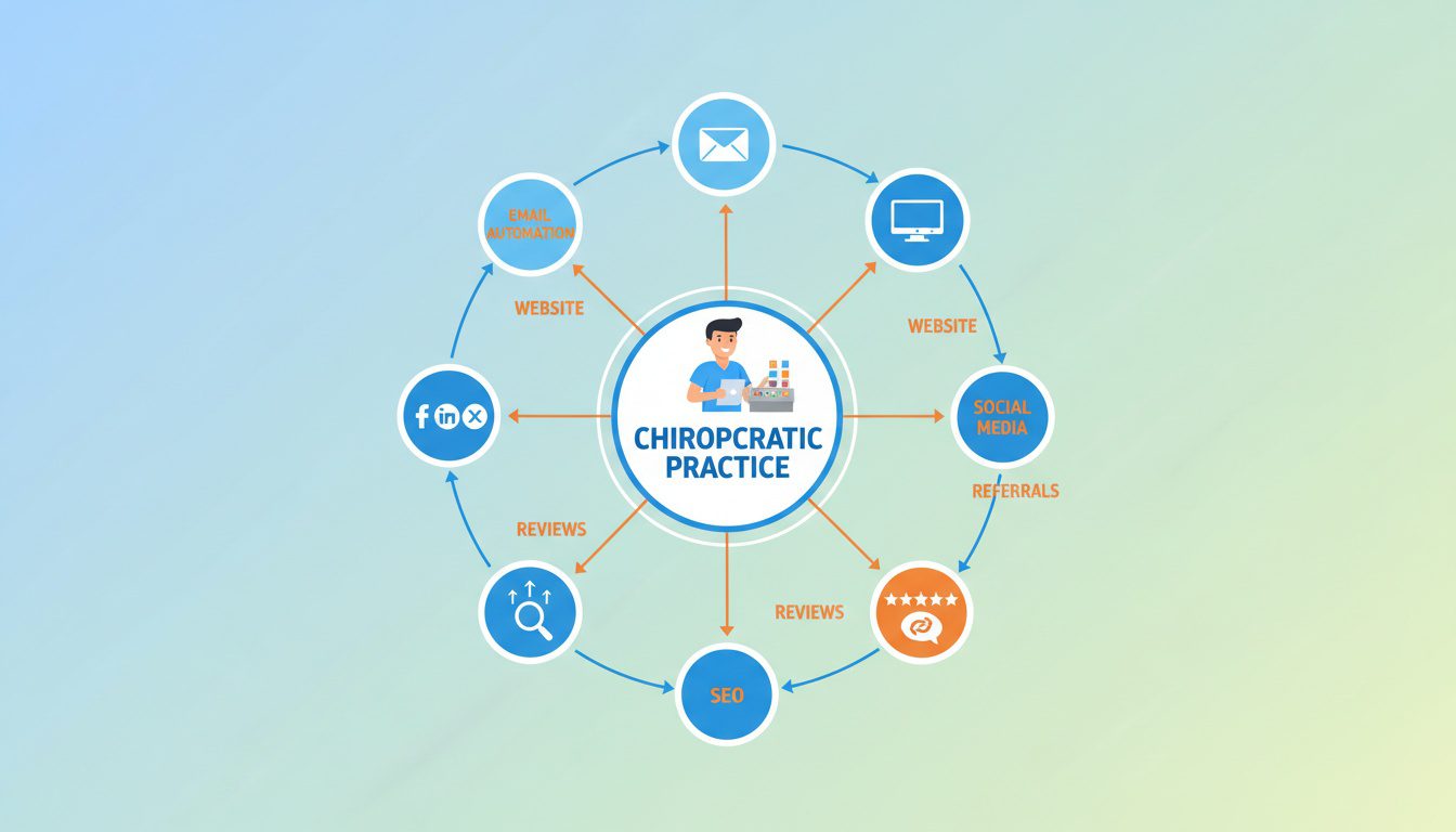 integrated chiropractic marketing strategy showing email automation connected with other marketing channels