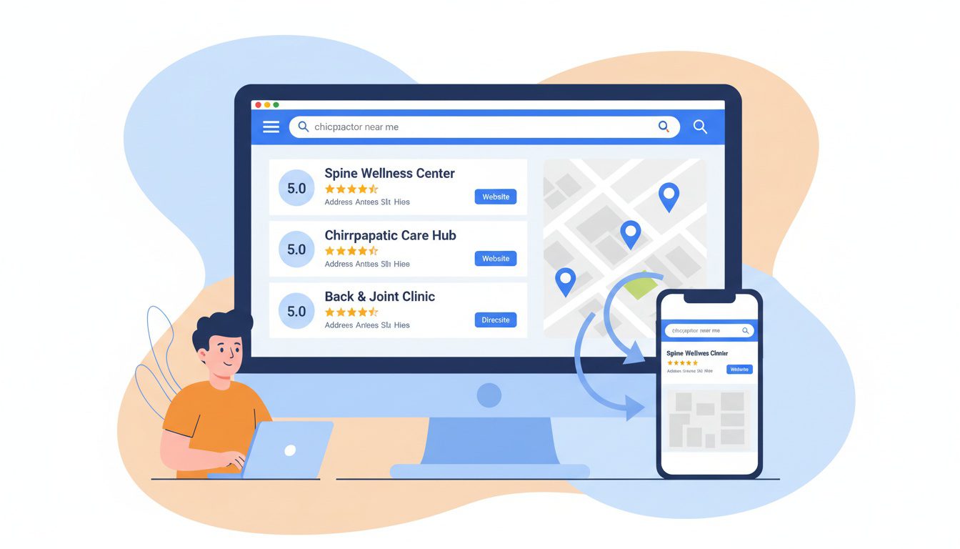 local SEO results showing chiropractic practice ranking in top position of Google local pack search results