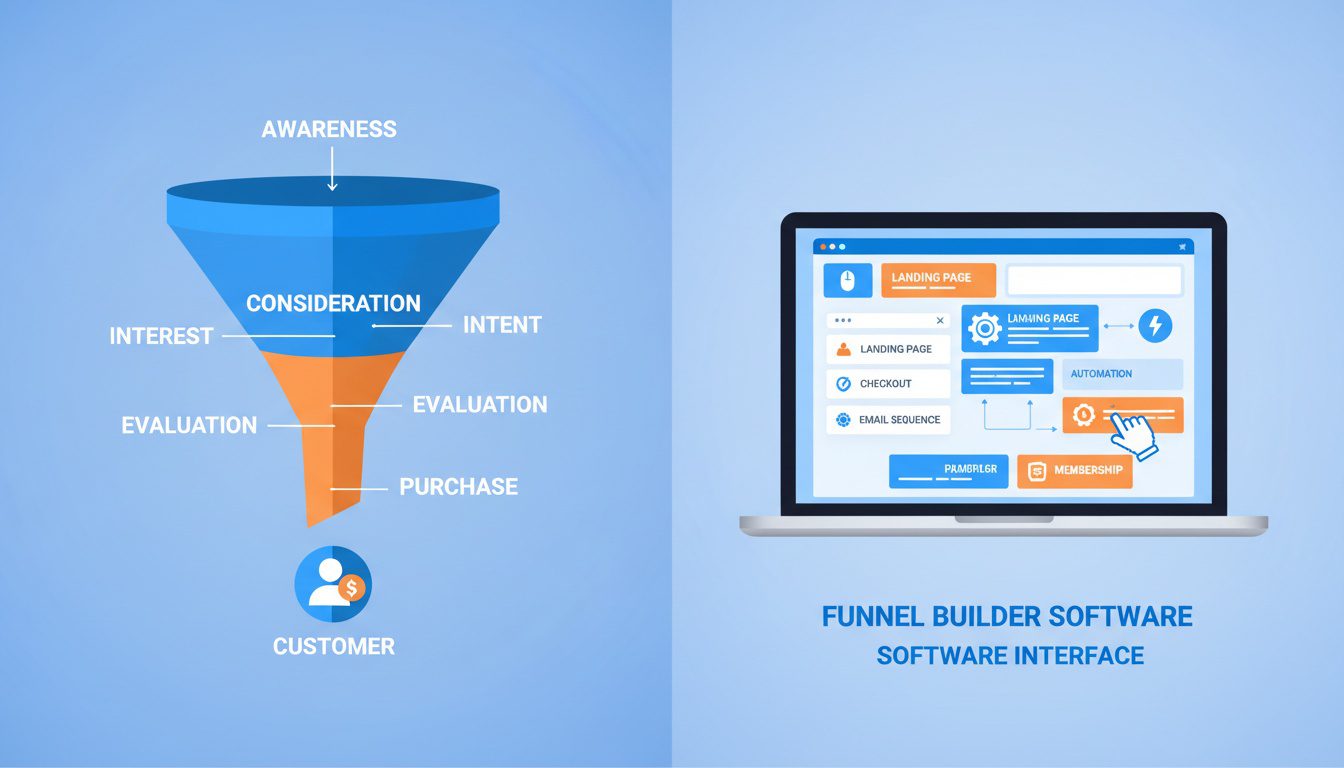 sales funnel concept versus funnel builder software comparison showing strategic process and technical tool