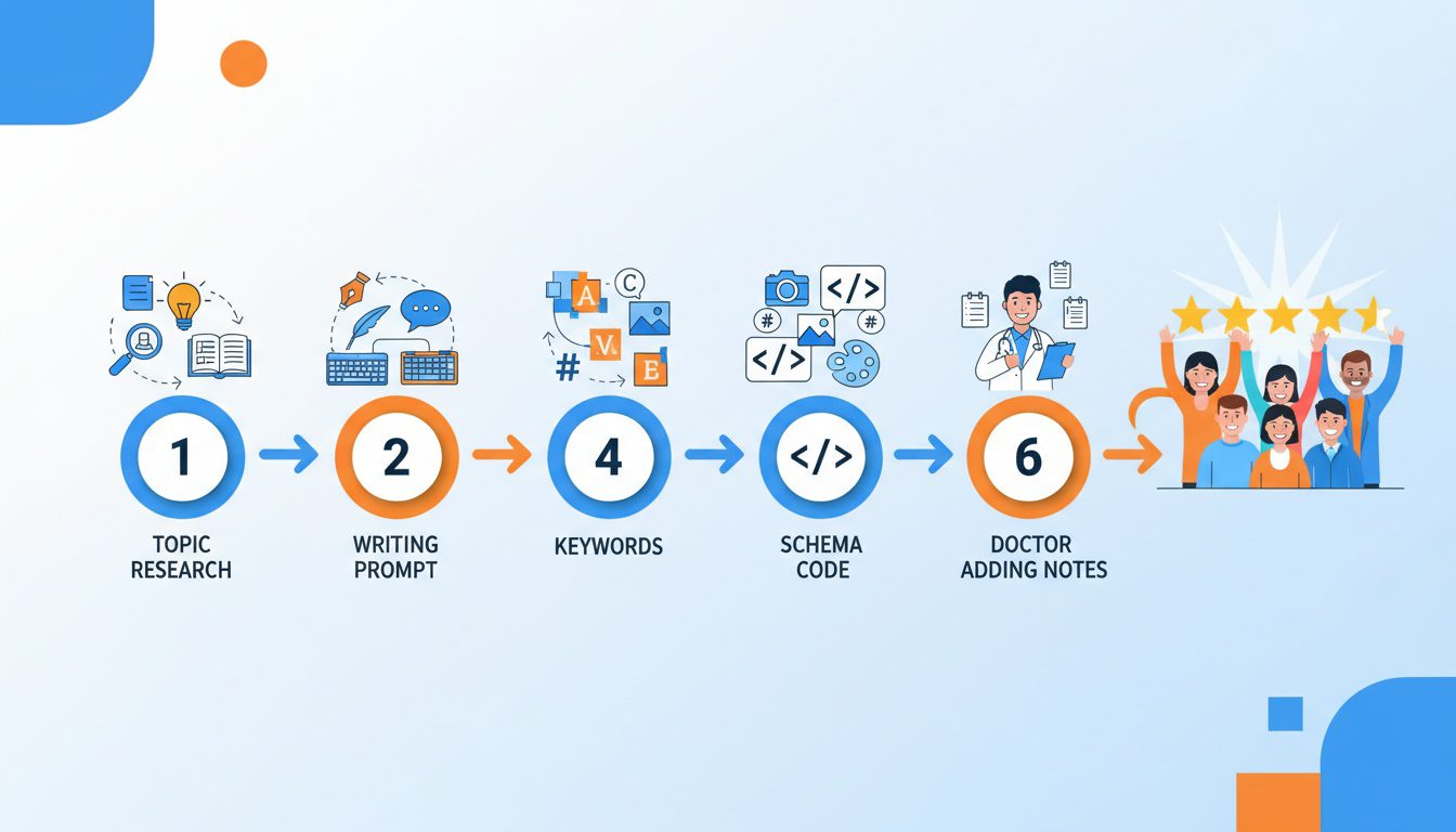 six step AI blog writing process flow from topic selection to final optimization for chiropractors