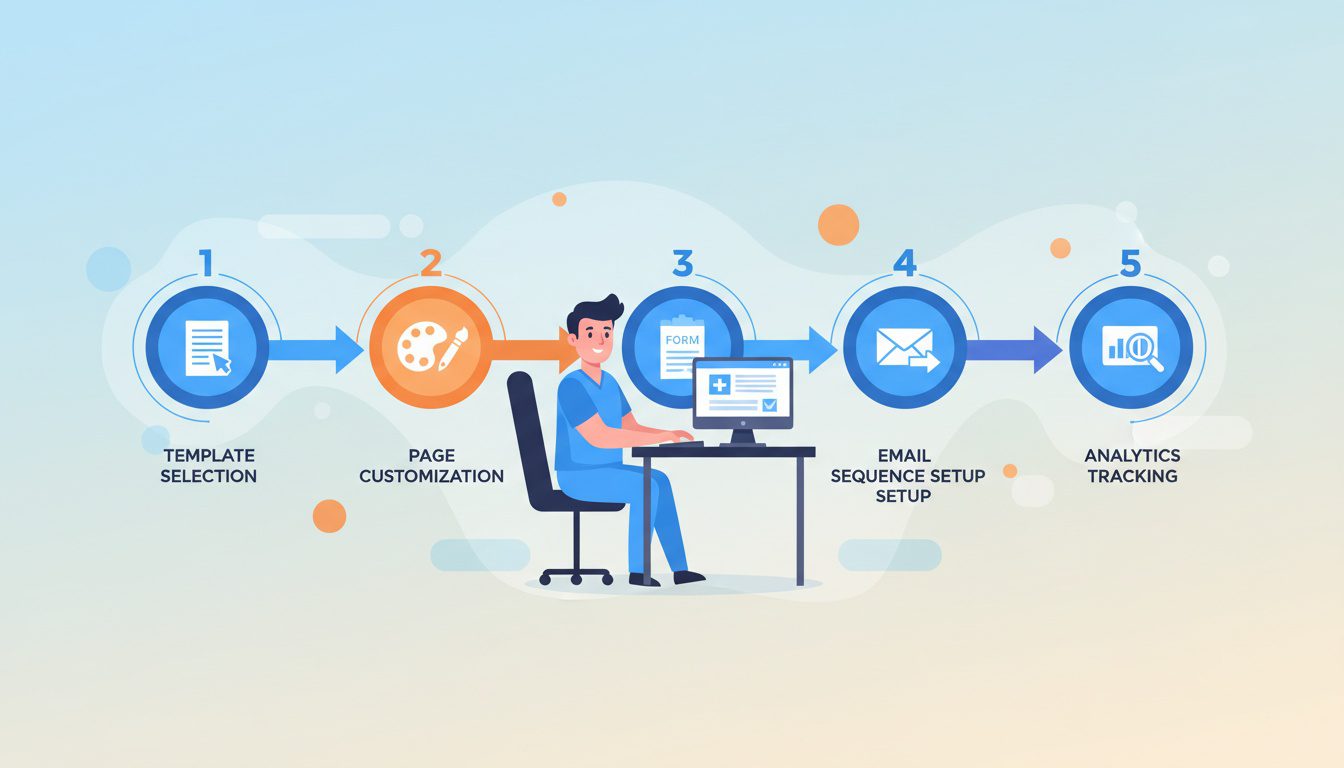 step-by-step funnel building workflow showing template to launch process for chiropractic marketing