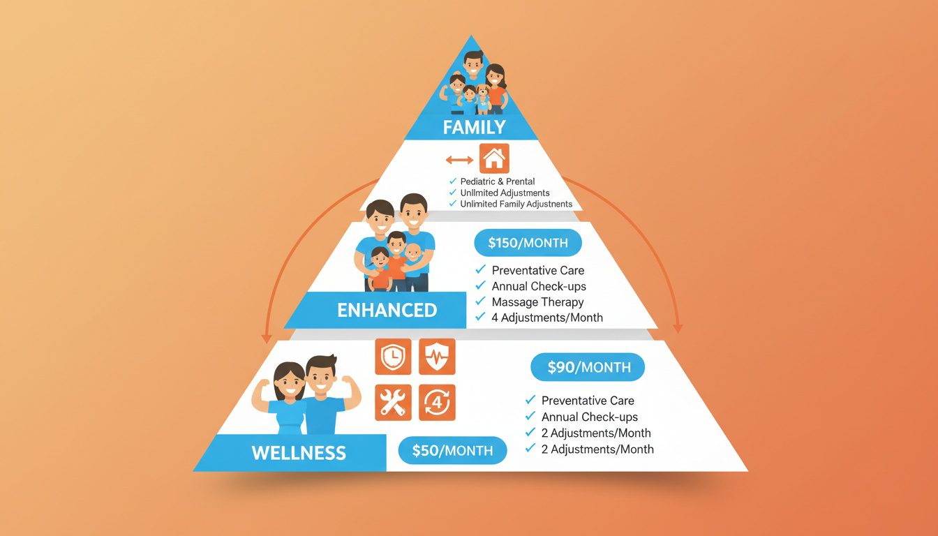 three tier chiropractic membership plan structure showing basic wellness comprehensive care and family options
