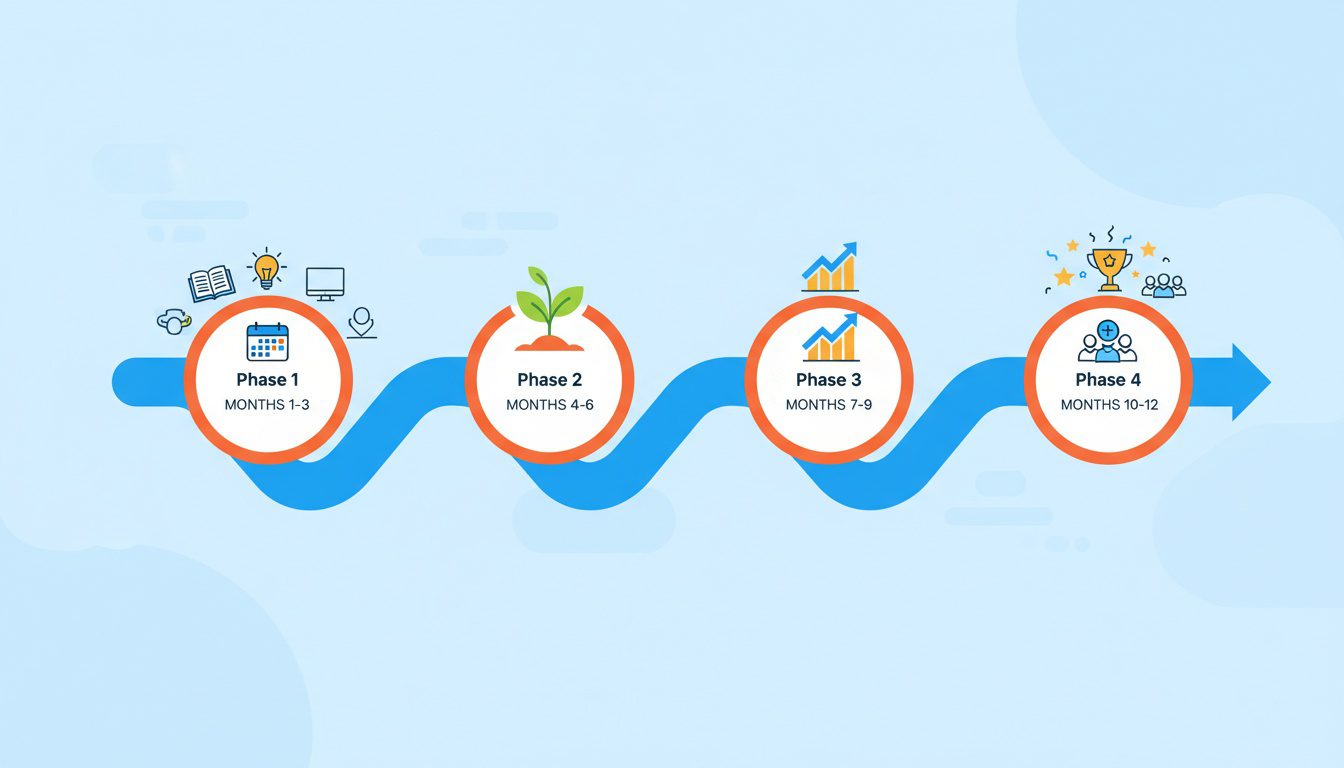 twelve month timeline showing realistic content marketing results progression for chiropractic practices