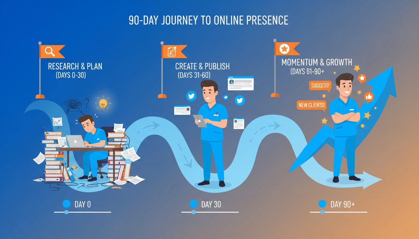 90-day chiropractic blogging roadmap showing progression from planning to publishing